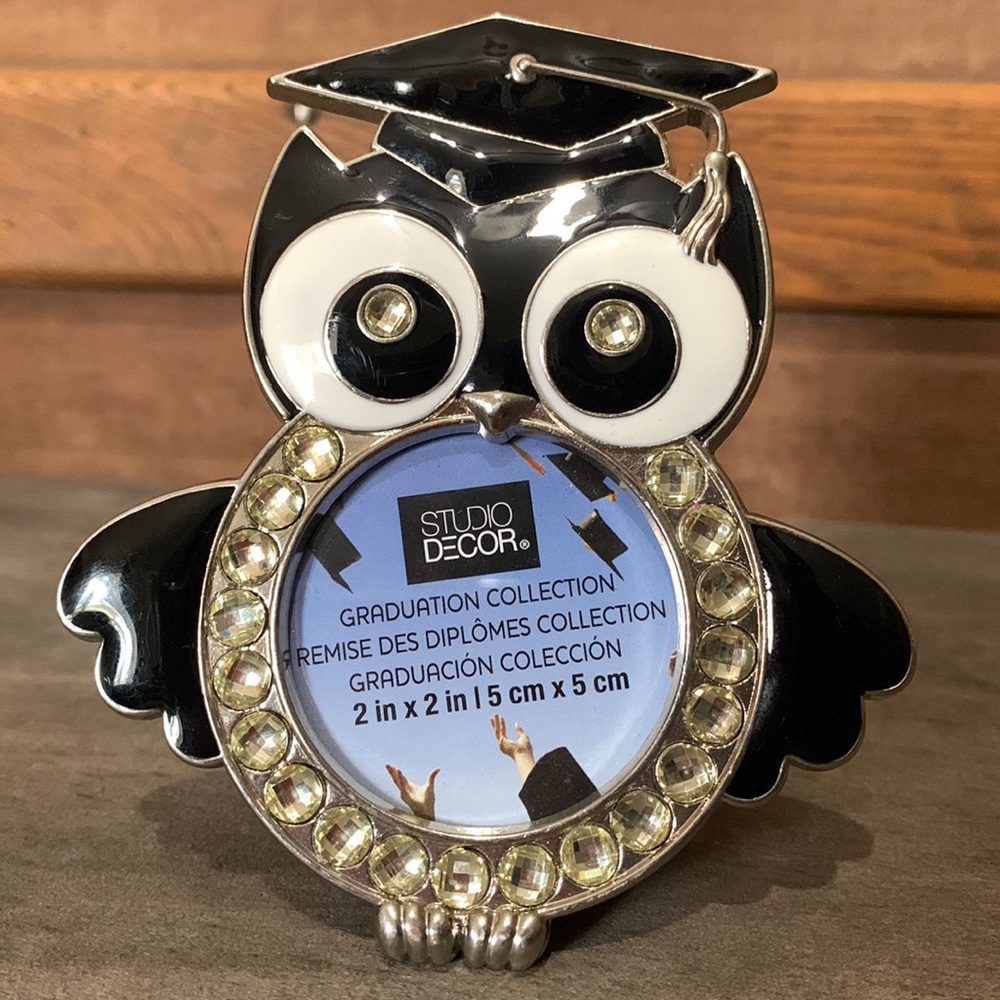 Owl graduation frame   Black, white and silver with bling.  Whoooo’s graduating?